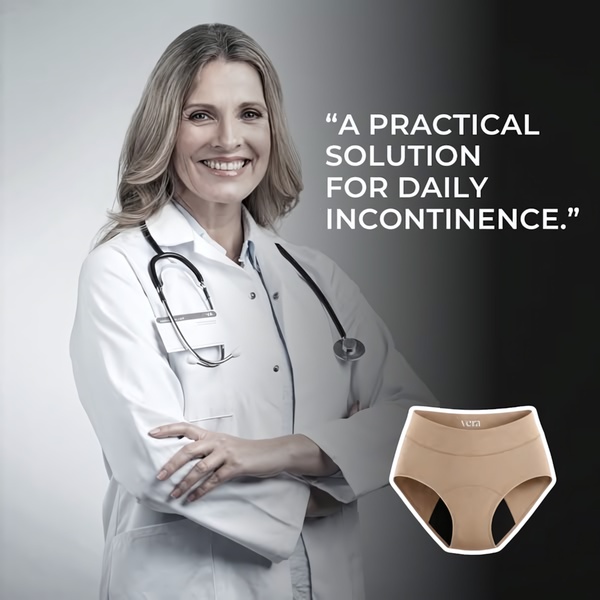 A clean, high-trust ad creative featuring a doctor to validate the practicality of adult incontinence underwear.